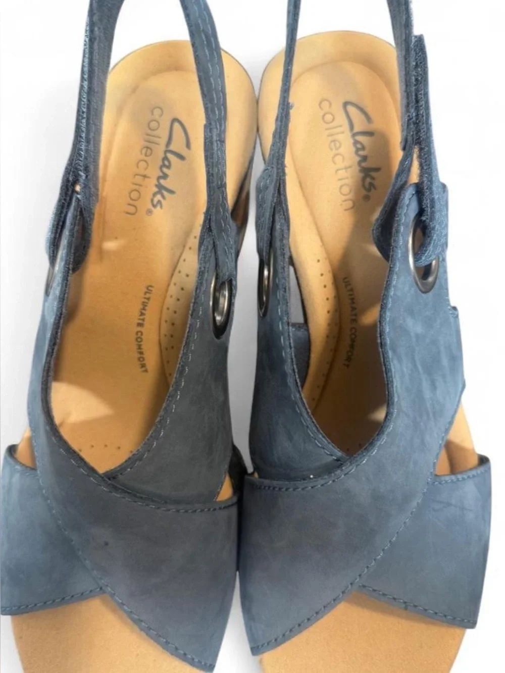 Clark’s Ultimate Comfort Giselle Dove Navy Nubuck Cork Wedge Sandals. NWOT!